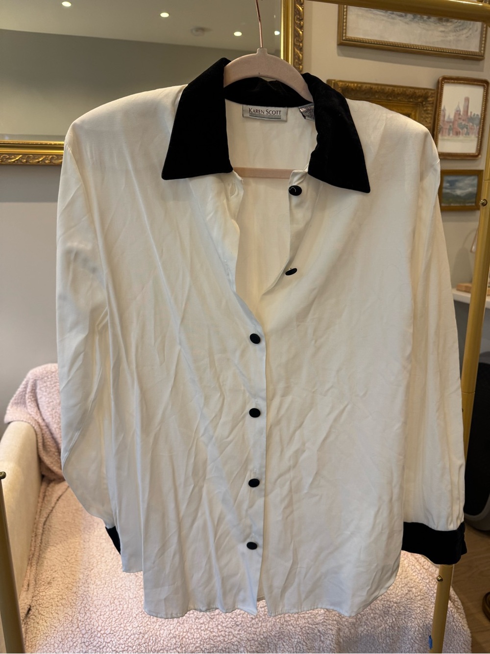 Vintage Karen Scott White Button Down Blouse with Black Velvet Collar, Cuffs